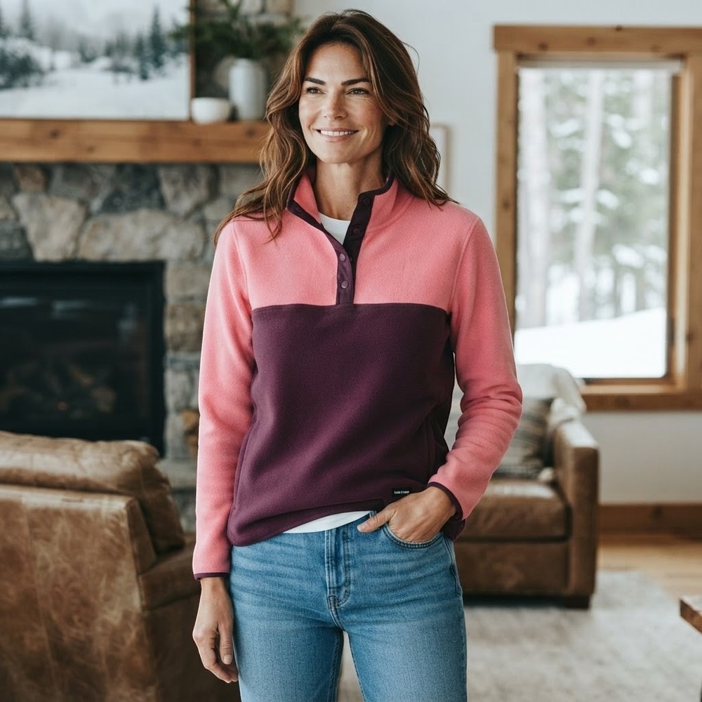 Lands End Womens XL Pink Plum Colorblock Snap Neck Fleece Pullover Jacket